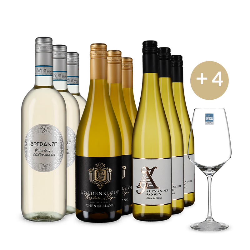 Goldene Weißwein-Stars im 3x3-Paket + 4 Weingläser