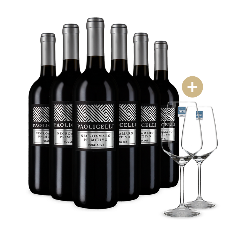 6 Flaschen Casa Vinicola Botter Paolicelli Negroamaro Primitivo 2024 + 2 Weingläser – Gold